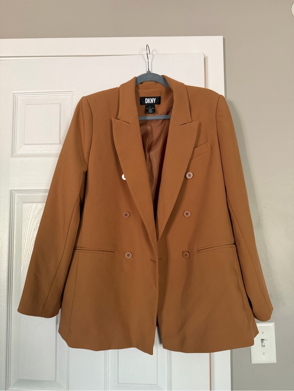 DKNY Camel Brown Gold Button Double Breasted Blazer Coat - Picture 7 of 8